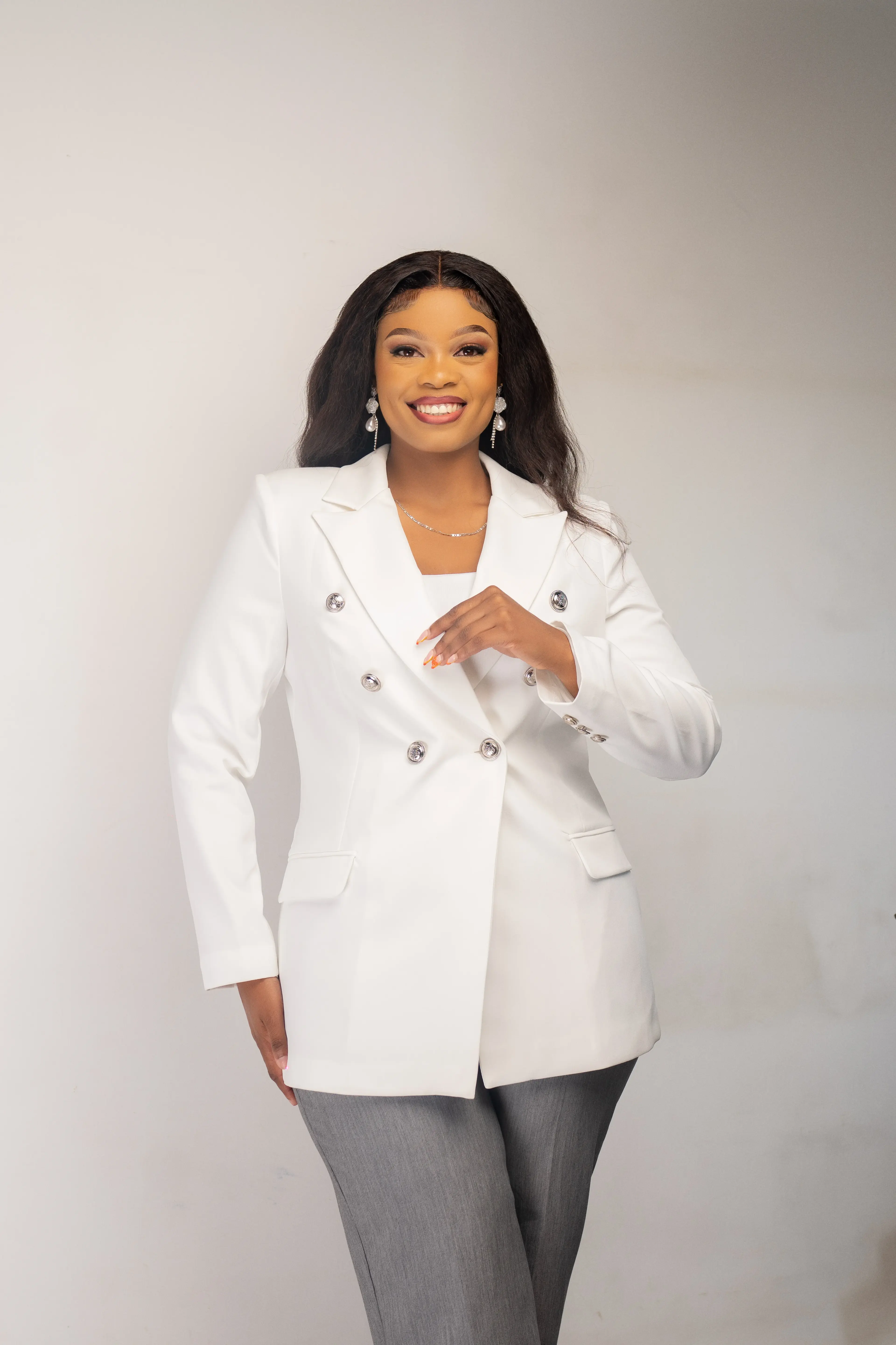 White Silver Button Blazer