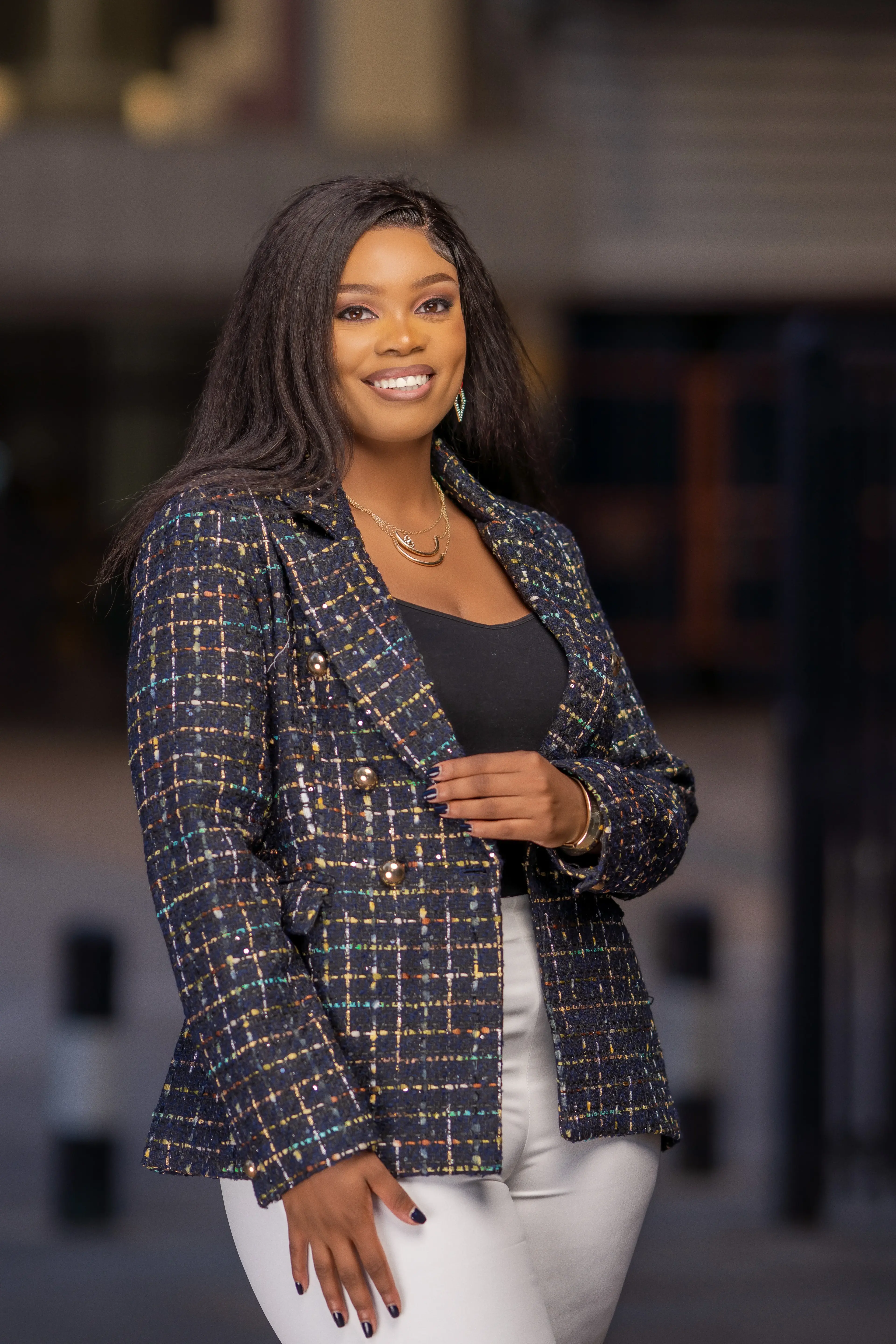 Checkered Plaid Tweed Tweed Blazer